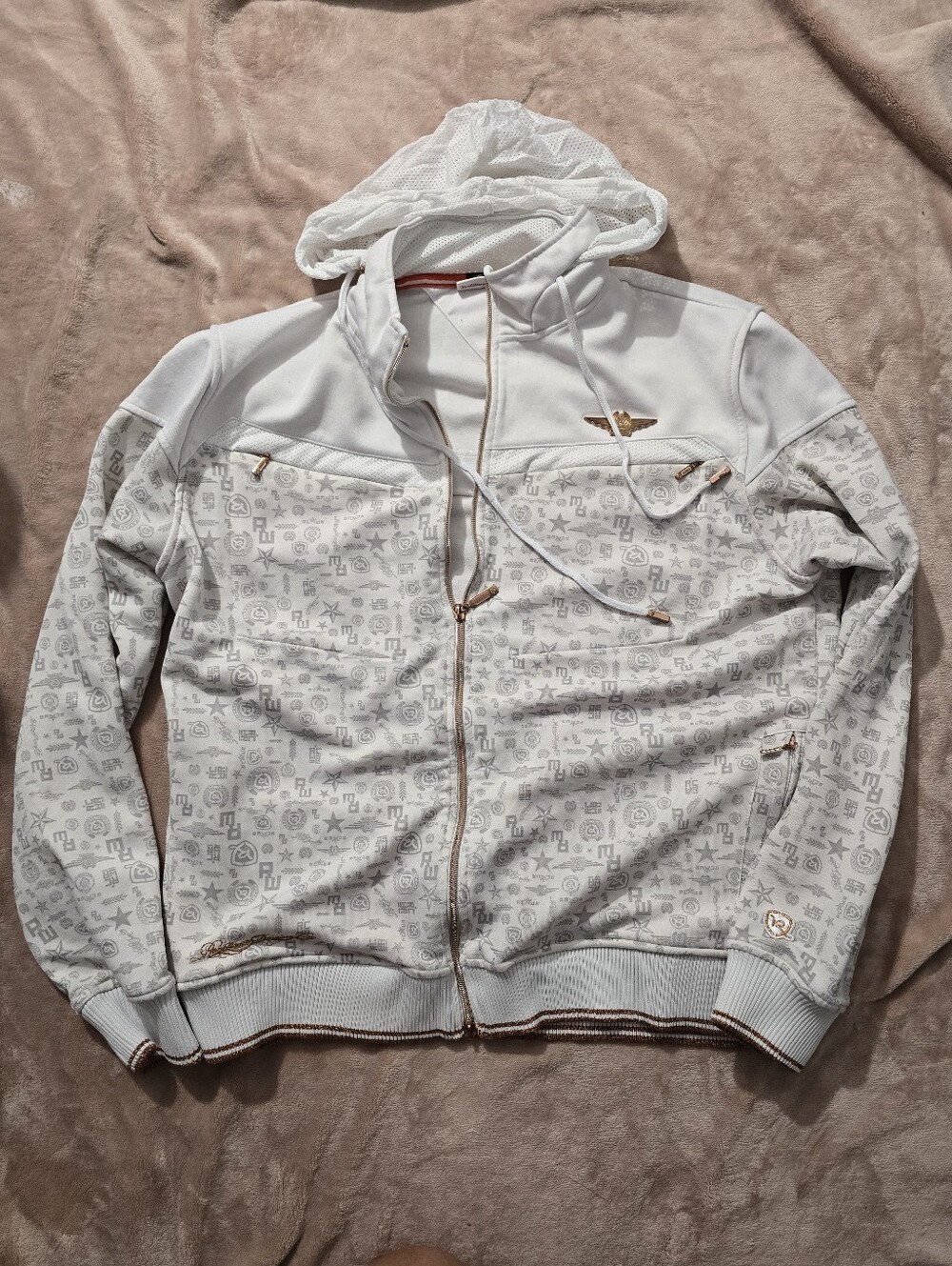Vintage y2k Rocawear Zip Up Mesh Hide Hoodie All Over Logo White & Grey XL